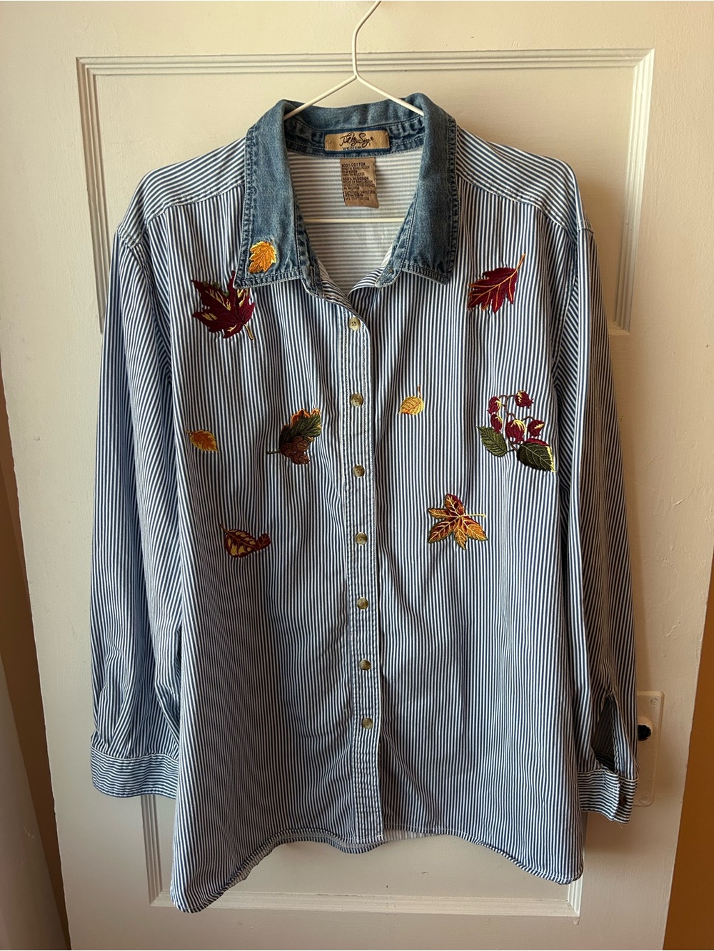 Vintage Embroidered Blue Stripe Button-Down Shirt